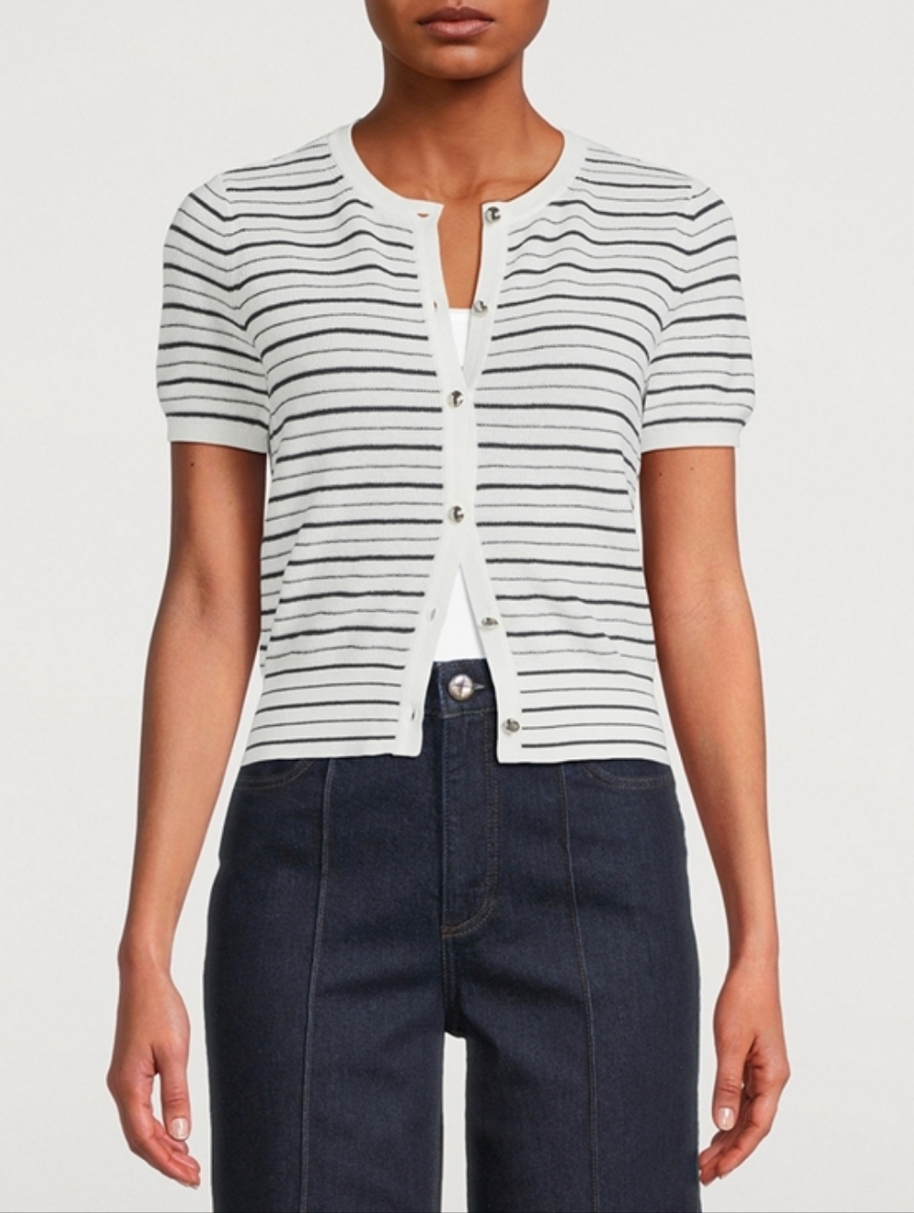 RAG & BONE Dina Stripe Jacquard Navy and White Striped Short Sleeve Cardigan